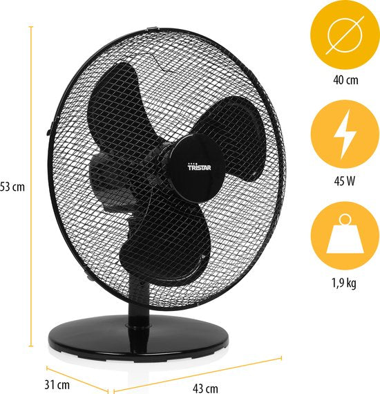 Tafelventilator 40 cm – 3 Snelheden – 85° Oscillatie – Verstelbare Luchtstroom – Tristar VE-5728 – Zwart
