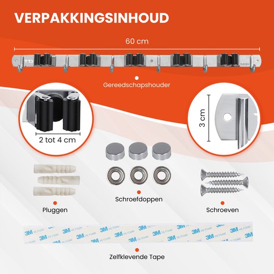 TTD® Luxe XXL Bezemhouder – Zelfklevend – 5 Ophanghaken & 6 Gereedschapsklemmen – Tuingereedschap – RVS