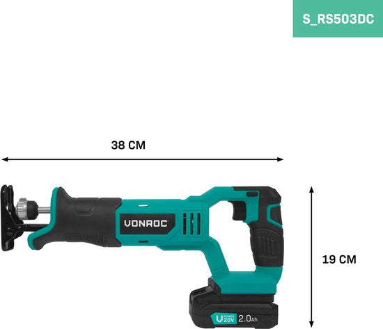VONROC Accu Reciprozaag 20V - Incl. 3 Zaagbladen - Incl. 2.0Ah Accu en snellader