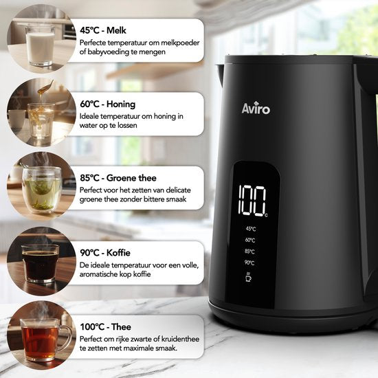 Aviro Waterkoker Met Temperatuurregeling - Warmhoudfunctie - 1.7L - RVS - Dubbelwandig - Elektrisch - 2000W - Zwart
