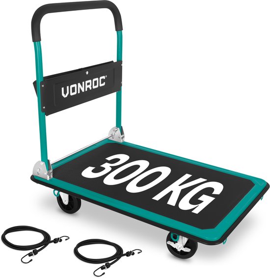 VONROC Plateauwagen – inklapbaar – draagvermogen max 300 kg – groot laadplatform 90x60 cm - transportwagen - inclusief spanbanden