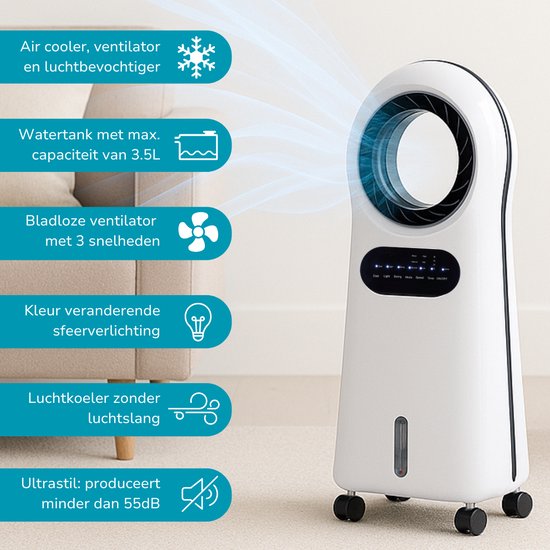 Lifetime Air Aircooler met Koelelementen - Ventilator, Luchtbevochtiger en Luchtkoeler - Mobiele Airco zonder Afvoer - Air Cooler 55dB - Afstandsbediening en Timer - Watertank 3.5L - Sfeerverlichting
