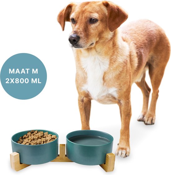 Voerbak Hond - Drinkbak - Met Bamboe Standaard - 2x 800 ml - Maat M - Groen Mat