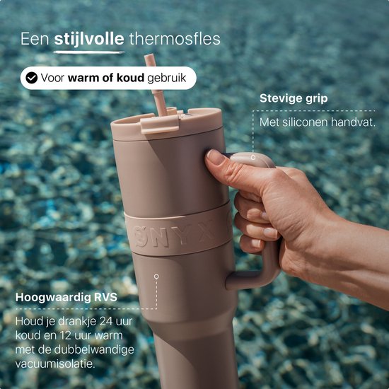 ONYX Drinkfles met Rietje 1 Liter - Waterfles voor Kinderen & Volwassenen - Thermosbeker RVS Travel Mug - Motiverende Drinkbus - Drinkbeker voor School - Sand Beige