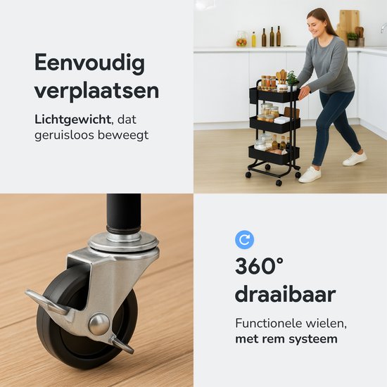 Keuken trolley op Wieltjes - 3 laags - Keukenrek - Serveerwagen - Kastje - Karretje - Opberg - Douche kastjes staand - Rekje - Zwart - Luft