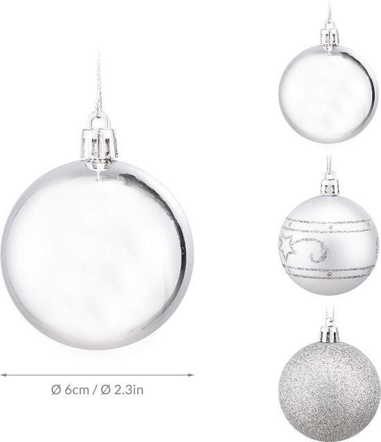 Kerstboomballen 24st - Ø6cm Mat Glanzend Glinsterend - Kunststof Zilver