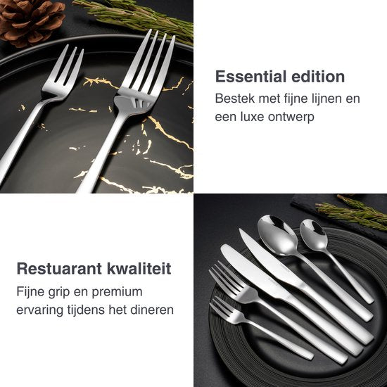 Deleca 8 Persoons Bestekset Essential (48-delig) - Lepels, Messen, Vorken, Steakmessen & Gebaksvorkjes - Vaatwasserbestendig Bestek - Glanzend Zilver / Edelstaal