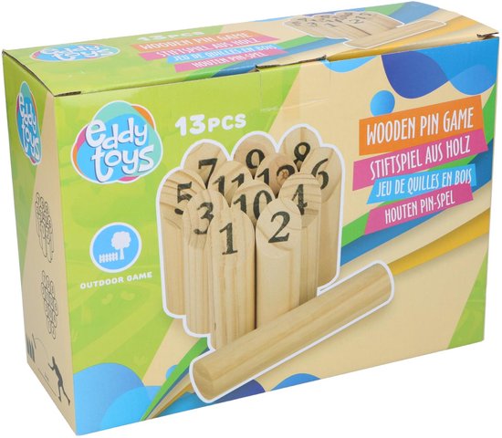Eddy Toys Houten Pinspel 13-delig - Buitenspel voor Kinderen en Volwassenen - Tradionele Finse Werpspel van Hout - Outdoor Familiespel met Nummers