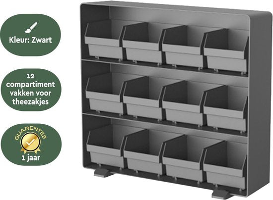 BRASQ Thee Organizer Zwart TB200 - Theedoos 12 vaks - keukenorganizer - Theedoos - Theezakjeshouder - Ruimtebesparend Opbergsysteem
