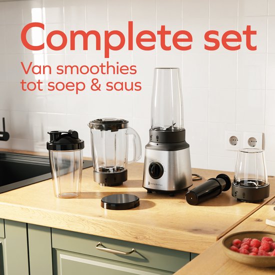 KitchenBrothers Blender - Complete Set - 2x 750ml Bowl - Grinder - Tamper - To-Go Cups - Stainless Steel