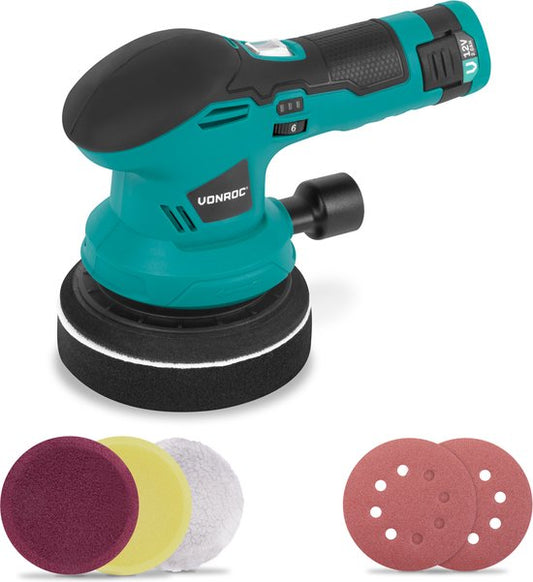 VONROC Polijstmachine 12V - Ø 125mm - dual action - 2-in-1: polijsten en schuren - Incl. Accu, usb-c kabel, 4 polijstschijven en schuurpapier