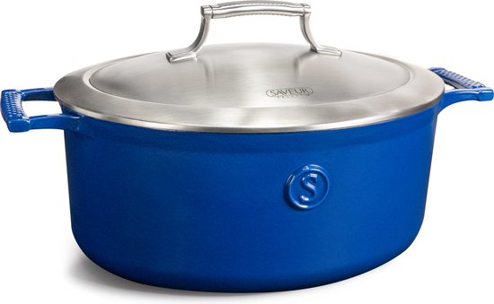 Saveur Voyage Braadpan Ø30 cm – Ovaal Gietijzer – PFAS-vrij – Geschikt voor Inductie & Oven – Klassiek Blauw – Voor Grote Maaltijden, Stoven & Slowcooking