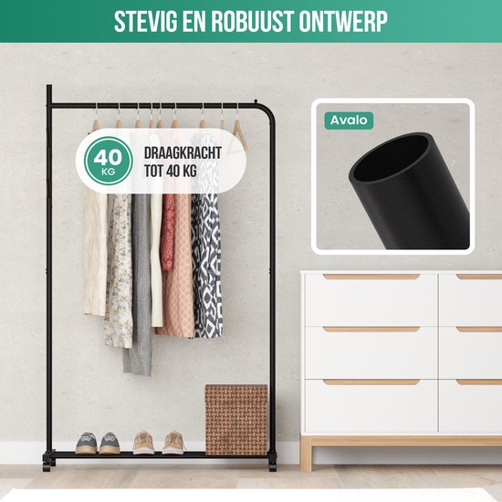 Avalo Kledingrek op Wieltjes Zwart - Metaal - 100x40x156 - Opbergruimte Voor Schoenen