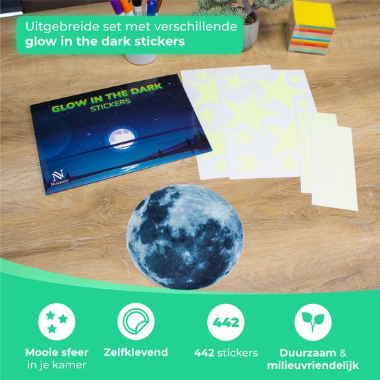 Nuvance - Glow in the Dark muur stickers (Maan en sterren) - 442 Stuks - Acryl