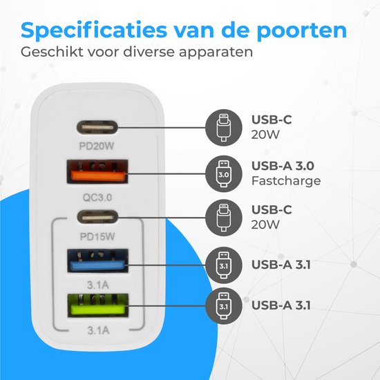 Nuvance - USB Adapter - 5 Poorten - USB Stekker - USB Oplader - Geschikt voor iedere USB Kabel - Wit
