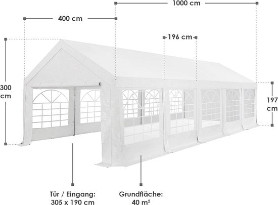 Partytent / Paviljoen Gala - 4 x 10 meter - Wit - Incl. Zijwanden & Toebehoren