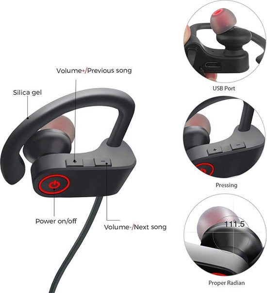 Draadloze in-ear Bluetooth oordopjes, Sport headset - Wireless Headset - zwart/rood U8