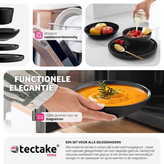 tectake® Serviesset Una - 24-delig - Aardewerk 6 personen - Stijlvol, duurzaam en ideaal voor dagelijks gebruik of feestelijke gelegenheden - Grote en kleine borden, kommen/schaaltjes - mat zwart