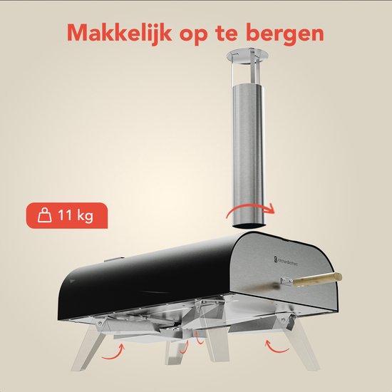 KitchenBrothers Pizza Oven - Houtgestookt - Tafelmodel - Inklapbaar - PFAS-vrij - Pizzasteen - tot 460°C - Pizza maker - Complete Set - Pizzaoven voor Buiten - Zwart/RVS