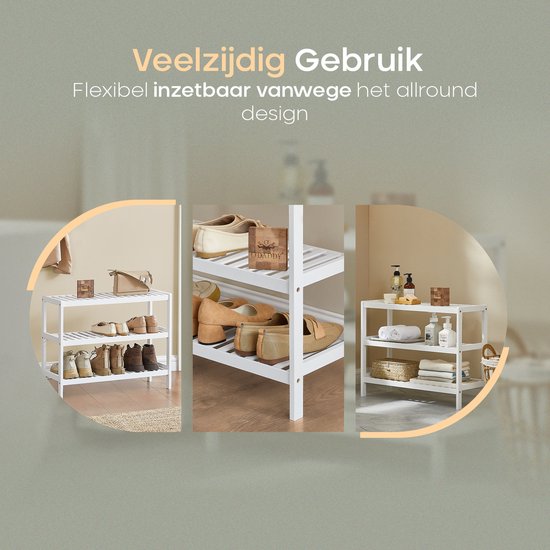 O'DADDY® Schoenenrek - Schoenenbank - Halbank - Schoenenkast - Schoenen Opbergsysteem - Schoenen kast - 3 Laags - Voor 12 Paar - Multifunctioneel Rek - Bamboe - Wit - 70 x 28 x 45 cm