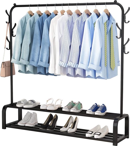 Exxen Industrieel Kledingrek - Metaal - 110x33x150 CM - Zwart - Opbergruimte Voor Schoenen - Garderoberek Met Haken