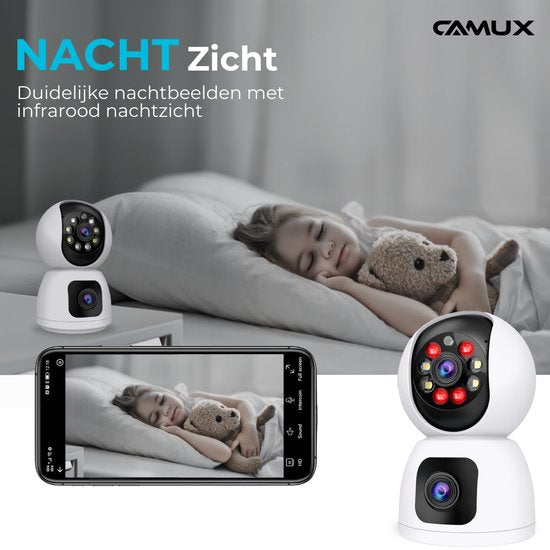 Camux DualVision Beveiligingscamera Binnen - 2MP Full HD Camera met Nachtzicht - Babyfoon - Baby monitor - Huisdiercamera met app - Hondencamera - Petcam
