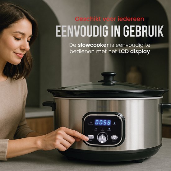 DistinQ Slowcooker - 8 Liter - 320 Watt - Warmhoudfunctie - Keramische Binnenpan - Zilver