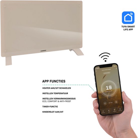 VONROC Luxe elektrische kachel - Convectorkachel met glazen paneel – 1000W/2000W- Verwarmt ruimtes tot 24m2 - Bediening zowel met app (via Wifi) als handmatig – Instelbare thermostaat en timer - Beige