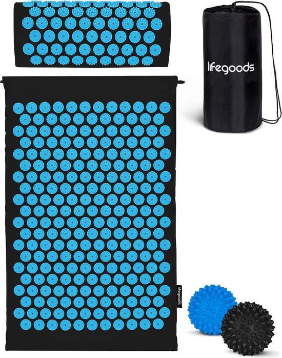 LifeGoods Acupressuur Mat met Kussen - Shakti mat - Spijkermat Incl. 2x Triggerpoint Bal - 66x40x2cm - Zwart/Turquoise