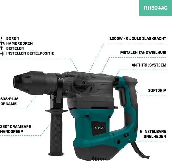 VONROC Boorhamer 1500W – 6 Joule – Instelbare snelheid - SDS plus – 4 Functies – Incl. boren & beitels