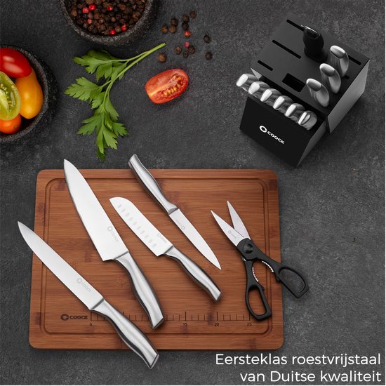 COOCK - Messenset met Blok en Vouwbare Snijplank - Keukenmessen met Schaar en Aanzetstaal (Messenslijper) - 17-Delige Keukengerei set in Messenblok – Met Krasbestendige Coating - Full RVS