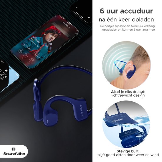Soundvibe® Bone Conduction Hoofdtelefoon Blauw - Sporthoofdtelefoon - Sport oortjes - Draadloze oordopjes - Waterbestendig - 8GB Interne Geheugenkaart - Sport Koptelefoon - Voor alle Telefoons en Laptops - Hardloop Oortjes - Wireless Earphones