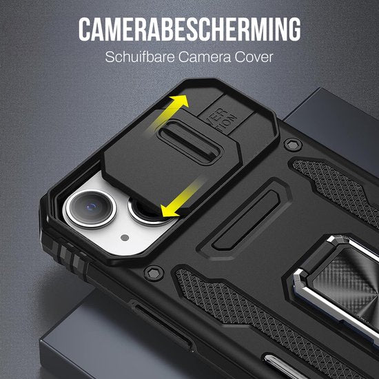 Podec Hoesje geschikt voor iPhone 14 Zwart Telefoonhoesje - Anti-Shock Case Cover Hybrid Armor Hoes met Kickstand Ring met Screenprotector