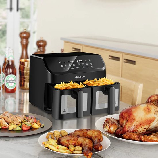 Juskys – Heteluchtfritteuse Dual Zone – 9 l – Voorzien Van 2 Kamers En Smart Finish Functie – Voor Gezond Bakken En Frituren – Zwart Kunststof En Staalplaat
