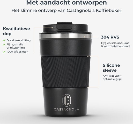 Castagnola Thermosbeker - Koffiebeker To Go - Travel Mug voor Koffie en Thee - Theebeker - 380 ML - RVS - Zwart