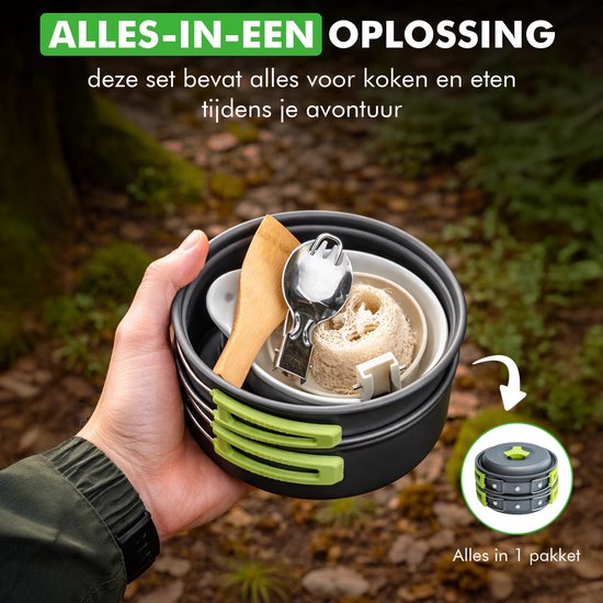 Travelhawk Camping kookgerei set - Pannenset - Aluminium - 8 delig - Camping Pannenset - Inclusief Spons, Spatel, Lepel, Kommen en Handige Draagtas