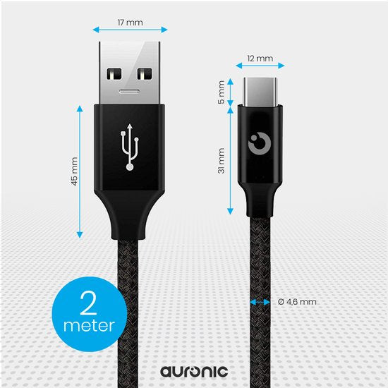 Auronic USB-C kabel - 2M - 2.4A - USB C naar USB-A - Gevlochten Nylon - Zwart
