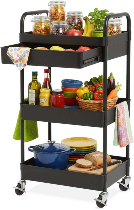 Keuken trolley met lade op Wieltjes - 3 laags - Keukenrek - Serveerwagen - Kastje - Karretje - Opberg - Douche kastjes staand - Rekje - Zwart - Luft