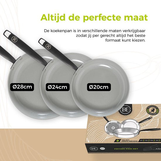 BE Living 3-delige Koekenpannenset - Ø 20, 24 & 28 cm - Bakpan - Keramisch - PFAS Vrij Anti Aanbak - Inductie Pannenset - Wit - Essential Series