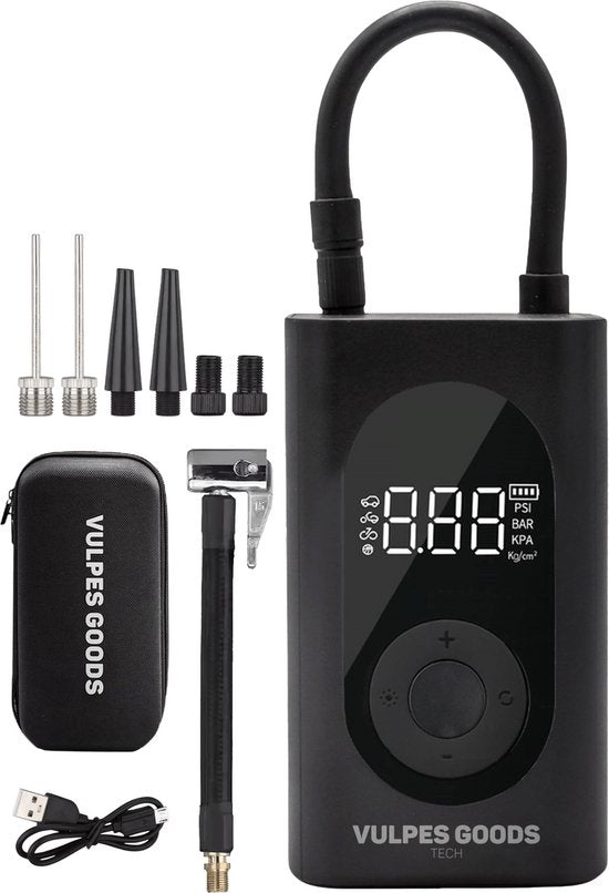 Vulpes Goods® Tech - Draagbare Compressor Bandenpomp - 6400mAh - Elektrische Fietspomp - Luchtcompressor voor Auto, Scooter, Fiets, Bal en Luchtbed - Incl. 7 opzetstukken - Zaklamp - Powerbank - Reiskoffer - PRO