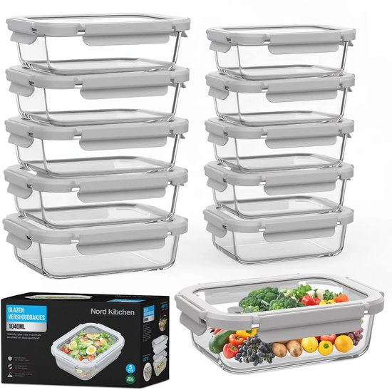 Nord Kitchen Vershoudbakjes Set - met Glazen Stoom Deksel - Meal Prep Bakjes - Diepvriesbakjes Volledig Glas - Luchtdicht - 10 Stuks - 1040 ML + 370ML