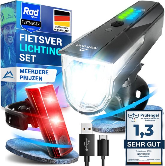 NEXTCOVER® Fietslampjes LED Set 80 Lux Basic - Wit en Rood met "LightSense" sensor schakelaar inbouw en 11u batterijduur - USB oplaadbaar & waterdicht - StVZO (Duitsland) goedgekeurd- LED fietslicht voor fietslamp & fietsachterlicht, fietsverlichting