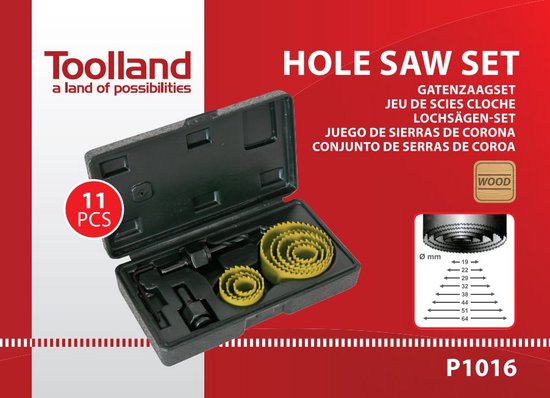 Toolland 11-delige gatenzaagset voor hout, 25 mm diepte, geel-zwart, inclusief 8 maten en accessoires