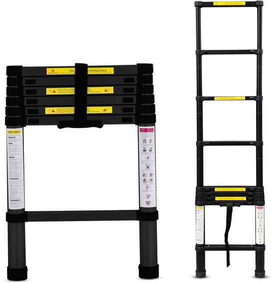 Outbee Telescopische Ladder - Telescopische Vouwladder - 2,6m Werkhoogte - Aluminium - Zwart