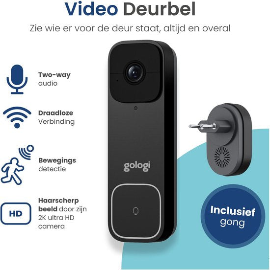 Gologi Video Deurbel - Slimme Deurbel met Camera en WiFi - HD Video Kwaliteit - Draadloos op Accu - Inclusief Muurbeugel en Chime - Night Vision - Waterdicht - Zwart