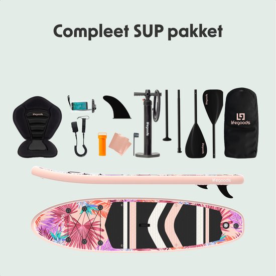 LifeGoods PaddlePro SUP Board - met Zitje - Opblaasbaar Paddle Board - Complete Set - Max. 150KG - 320x81cm - Tropical Roze