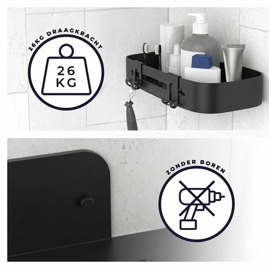 Sanicraft® Doucherekje - Zonder Boren - Geschikt voor elk type Muur - Hangend - Roestvrij - 2 Stuks - Zwart