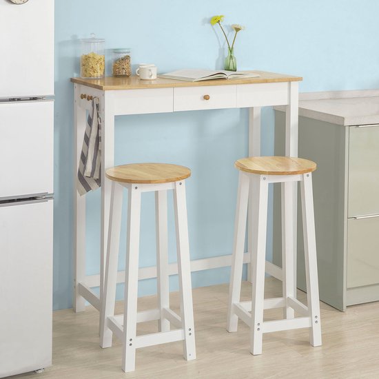 SoBuy FWT50-WN Bartafel met 2 Krukken - Wit Houten Keukentafelset