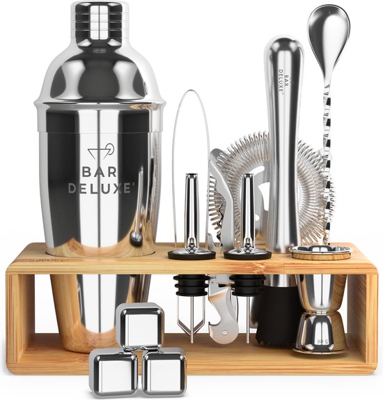 BarDeluxe® Cocktail Set - 13-Delig - Cocktailshaker 750 ml met Bamboe Standaard, Receptenboek & Whiskey Stones - Luxe Cadeauverpakking