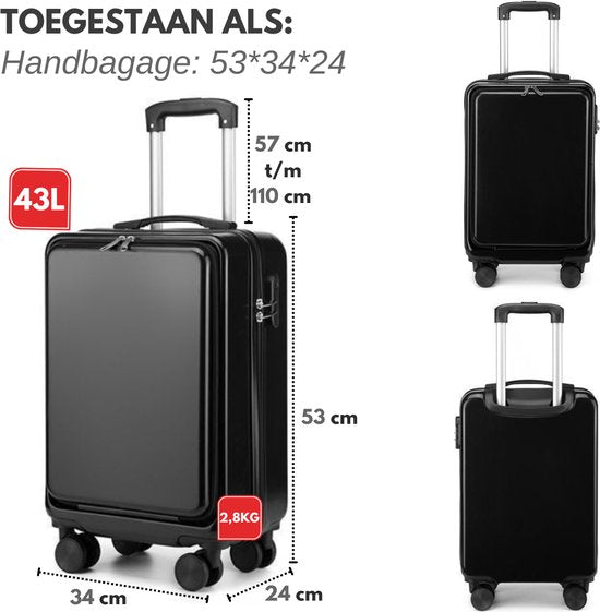 VAIVE Handbagage Koffer Met Voorvak - 43L Koffer - Lichtgewicht Trolley - Zwart